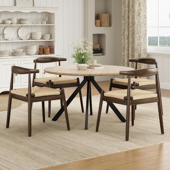 Farini Mid Century Modern Dining Chairs Set of 4, Solid Wood Frame Kitchen Chairs with Woven Upholstered Seat for Dining Room & Breakfast Nook,Latte-Beige