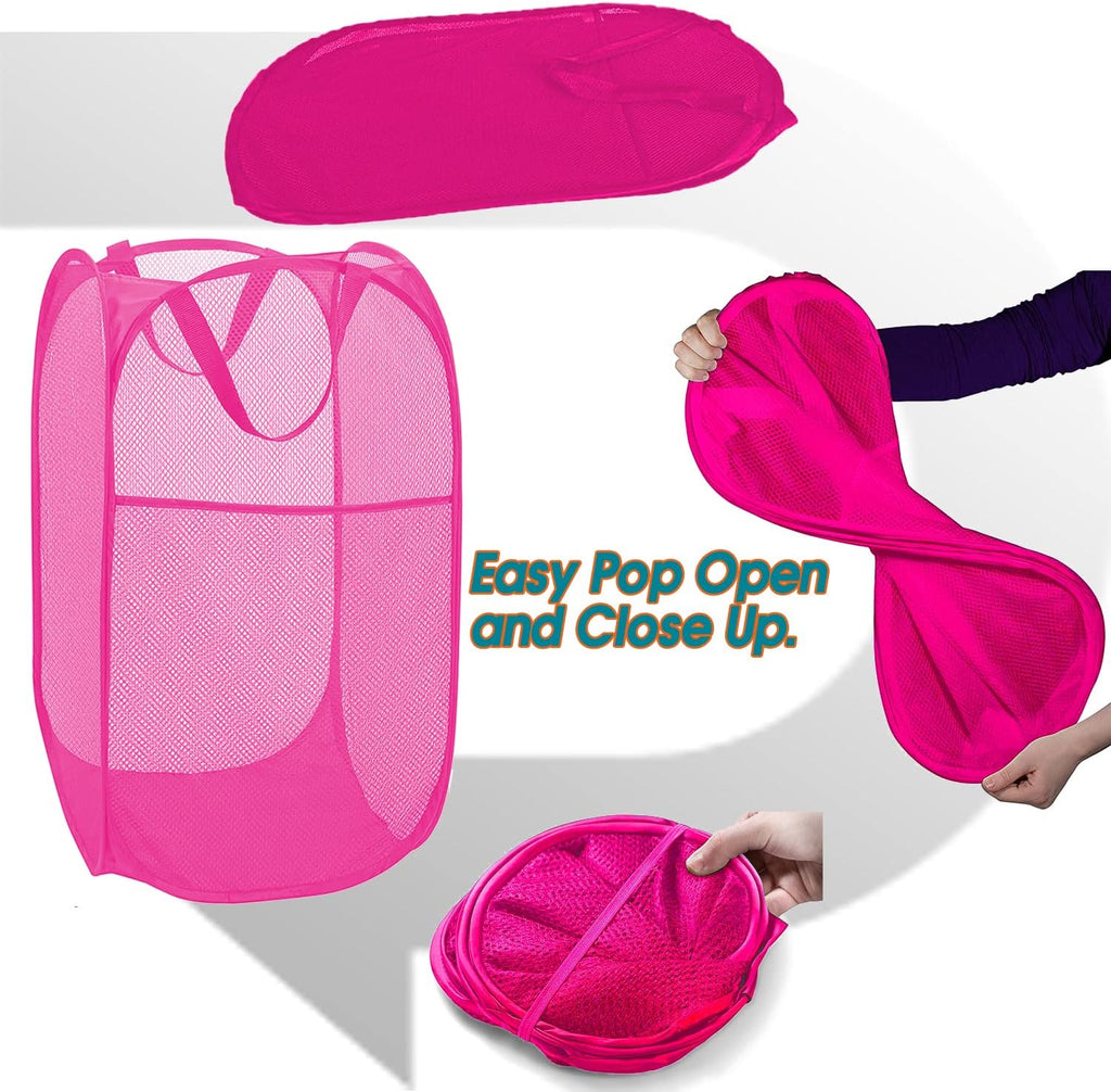 2 Pack Sturdy Mesh Pop up Laundry Hamper Basket with Side Pocket for Laundry Room, Bathroom, Kids Room, College Dorm or Travel Blush