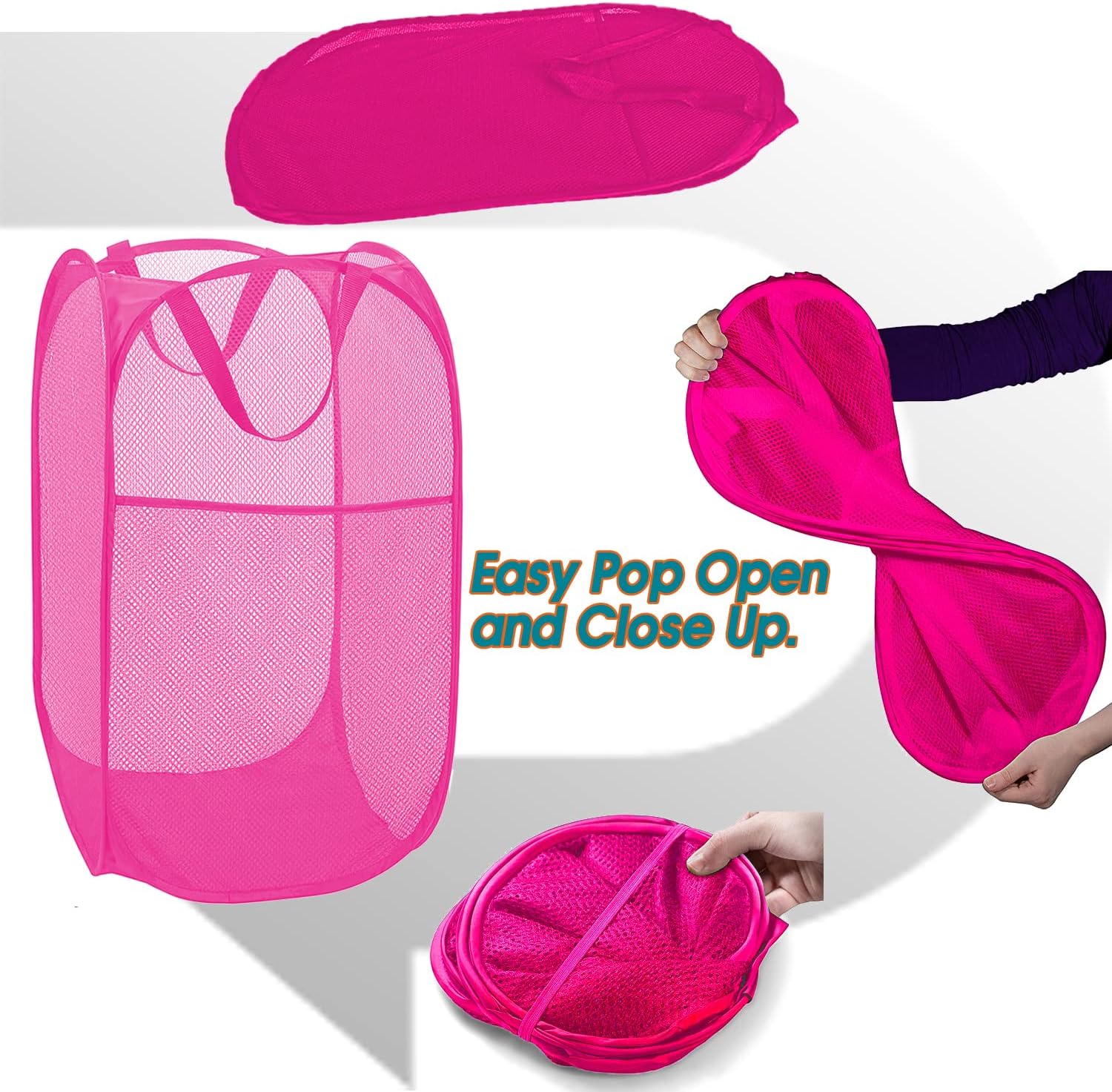 2 Pack Sturdy Mesh Pop up Laundry Hamper Basket with Side Pocket for Laundry Room, Bathroom, Kids Room, College Dorm or Travel Blush