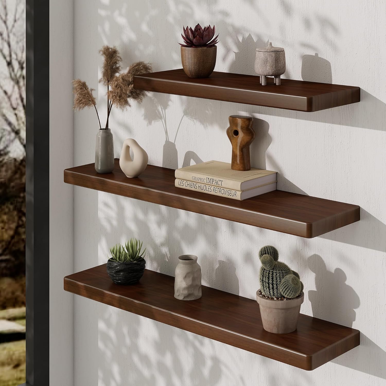 24" Rustic Walnut Wood Floating Shelves, 8 Inch Deep Wall Shelves for Home Decor, Wall Mounted Floating Shelf with Invisible Bracket, Heavy-Duty Storagefor Living Room, Bedroom, Kitchen, Set of 2