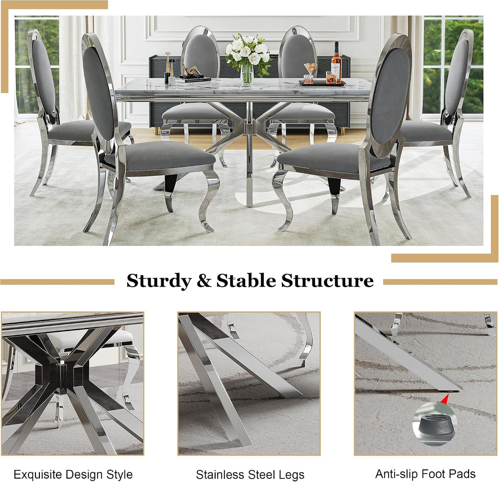 Luxury 7-Piece Dining Room Set, 70 Inch Silver Large Kitchen Table with Oval ...