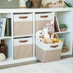 OrganiHaus 12" x 12" x 12" Fabric Storage Bins - Set of 4, Cube Canvas Organizer Bins with Vegan Handles, Kallax Storage Cubes, 12 Inch Cubic Baskets for Shelves - Beige/White