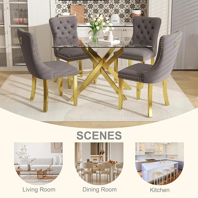 51 Inch Glass Dining Table Set for 4, Rectangular Glass Kitchen Table with 4 Upholstered Velvet Accent Chairs, 5 Piece Modern Dining Room Set, for Home, Apartment, Small Spaces - Grey Gold