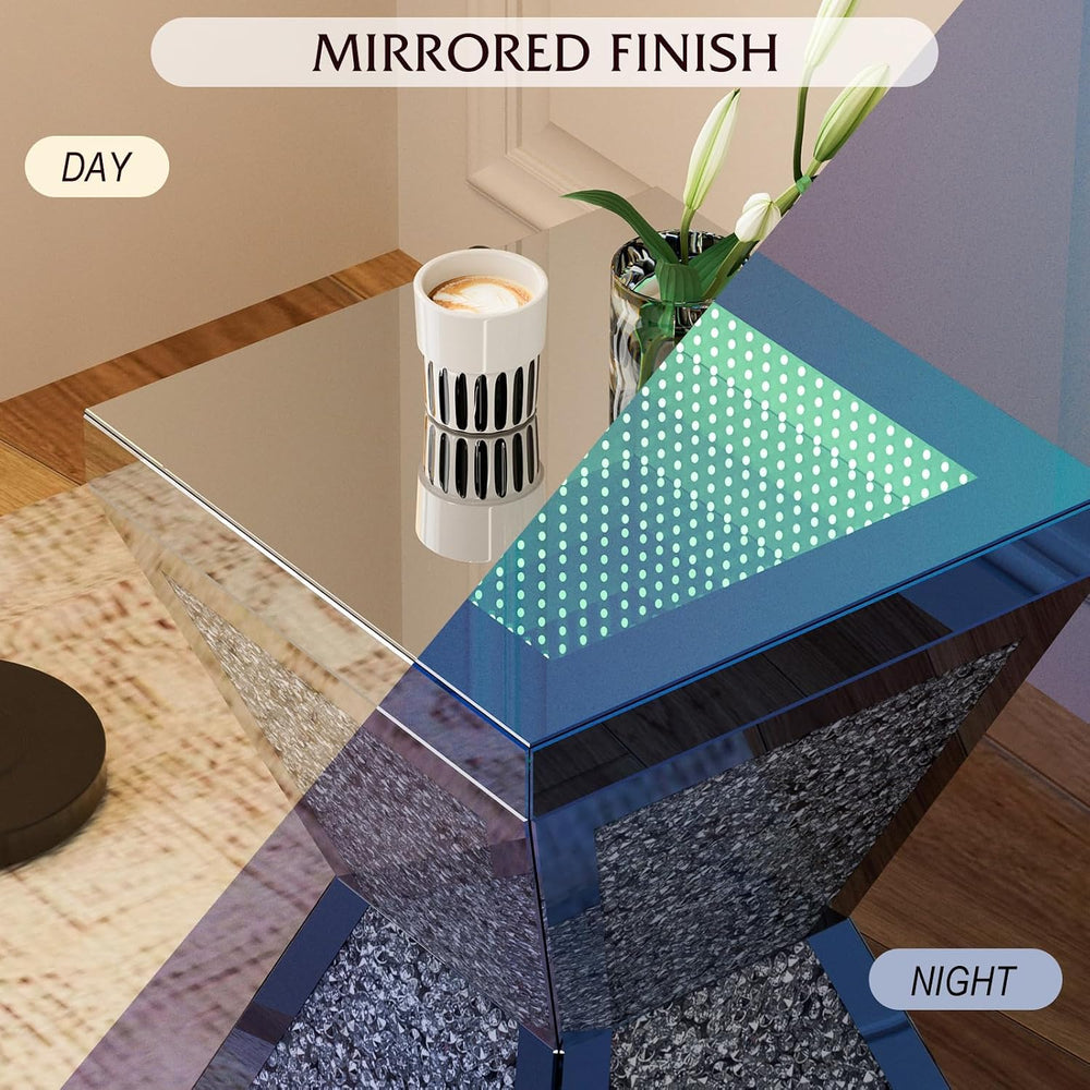 IKIFLY Mirrored Nightstand Set of 2, LED End Table with Irregular Base, Silve...