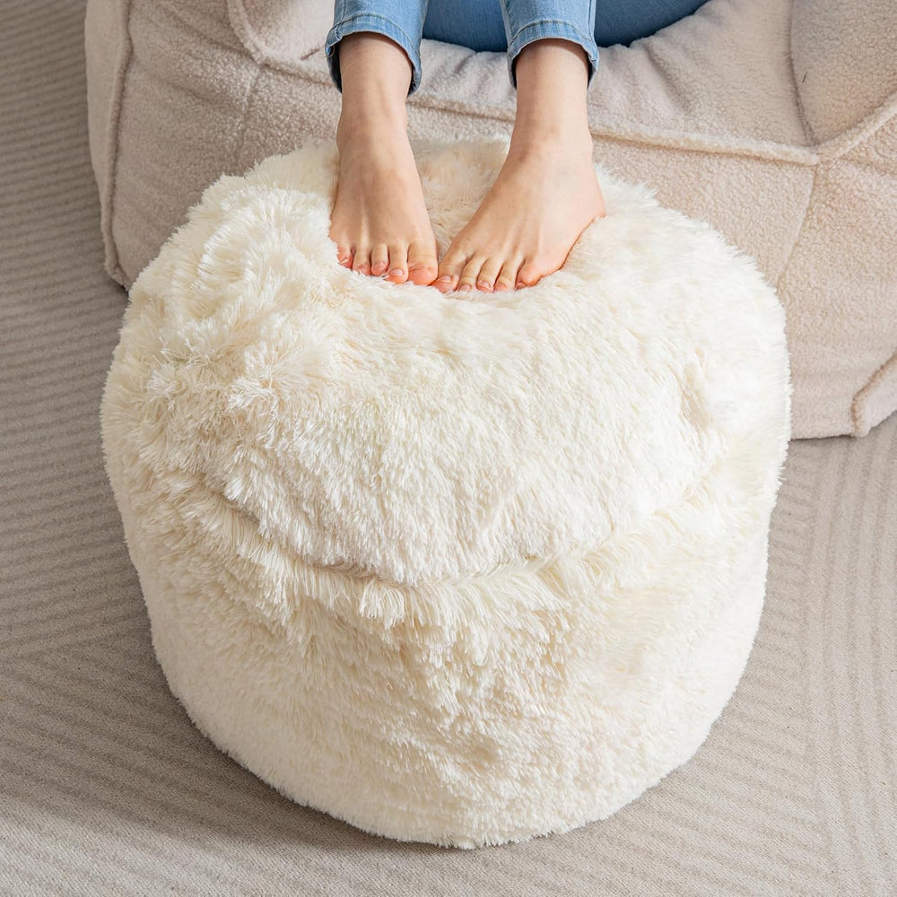 HIGOGOGO Round Stuffed Pouf Ottoman, Long Faux Fur Poufs with Foam Chunk Fill...