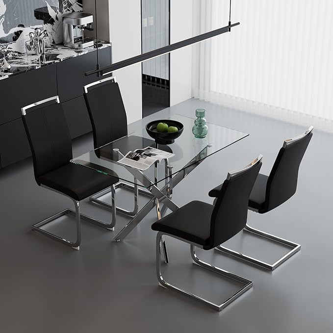 5 Piece Dining Table Table Set, Modern Tempered Glass Dining Table Set for 4 Kitchen Table Set with 4 Upholstered Chairs for Kitchen Dining Room (Sliver Table with Black Chairs)