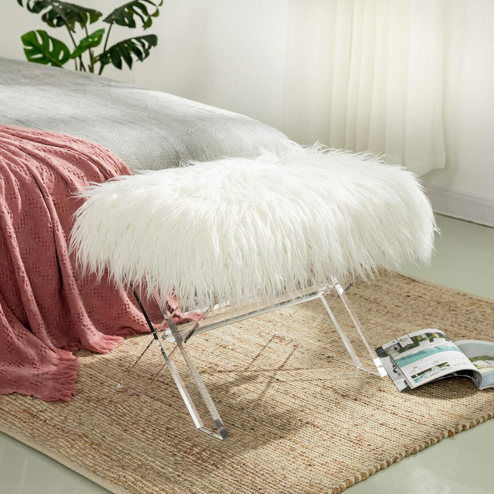 Glitzhome Ottoman Bench, White Faux Fur Ottoman Foot Rest, 25.5" L Moder...