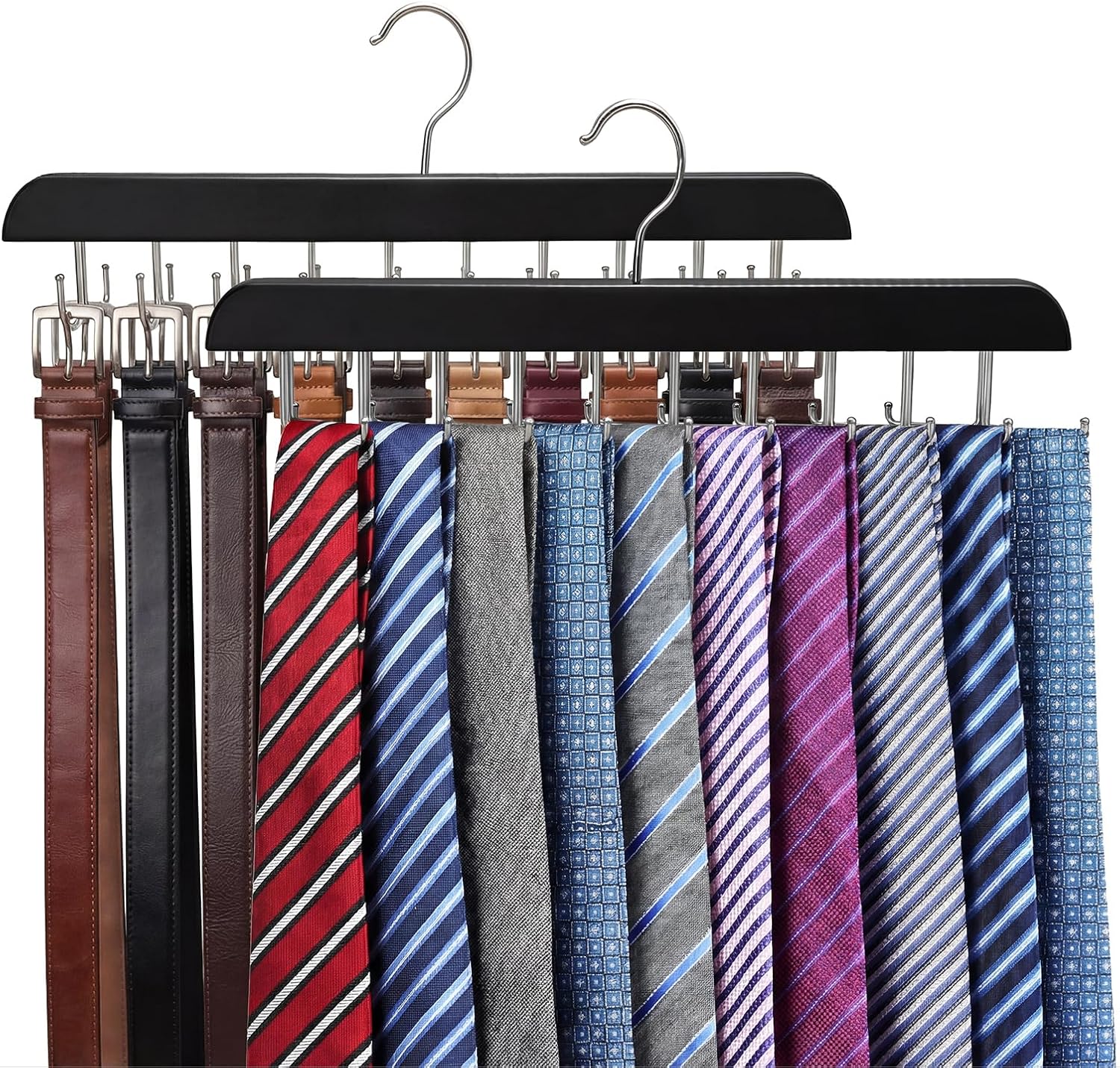 2 Pack Tie Rack and Belt Hanger 40 Hooks 360 Swivel Foldable Wooden Closet Rod Organizer Space Saving for Ties Belts Hats Bras Tank Tops Black