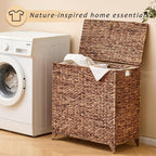 Handwoven Large Laundry Hamper with Lid and 2 Removable Liner Bags, Heightened Feet Natural Hyacinth Clothes Hamper,Wicker Laundry Basket for Clothes and Towels