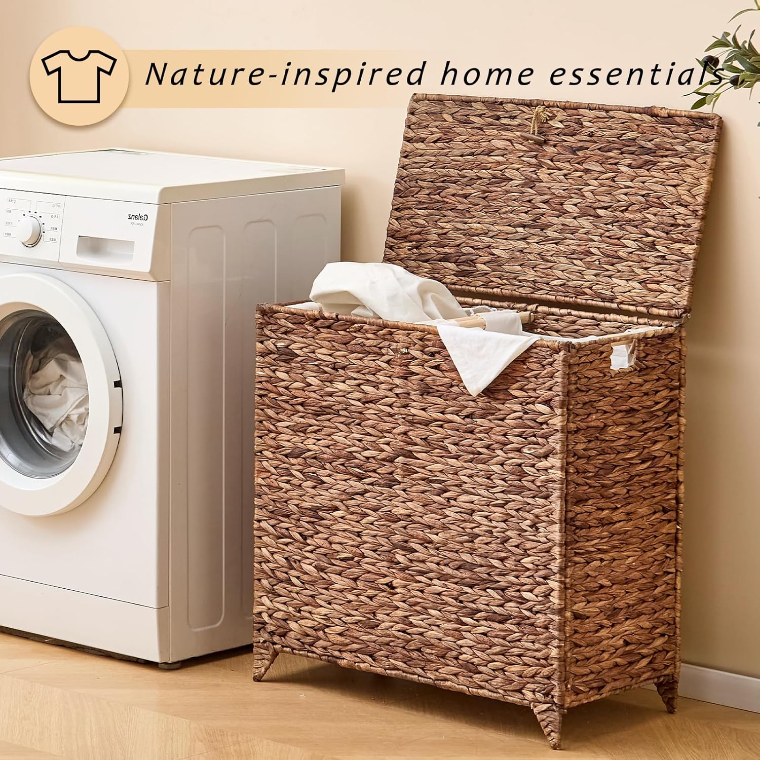 Handwoven Large Laundry Hamper with Lid and 2 Removable Liner Bags, Heightened Feet Natural Hyacinth Clothes Hamper,Wicker Laundry Basket for Clothes and Towels