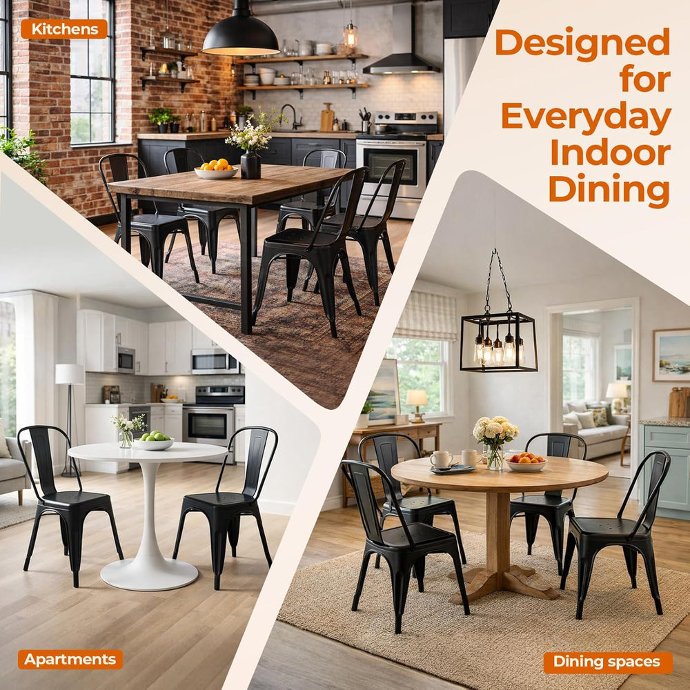 Set of 8 Midnight Black Metal Dining Chairs, Classic Tolix Style Stackable Ki...