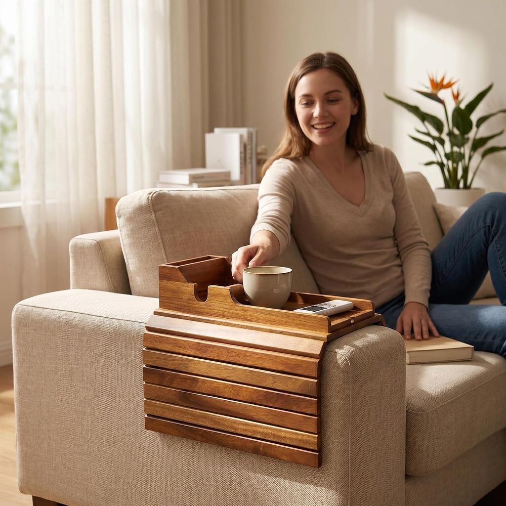 Acacia Couch Armrest Table, Over the Couch Arm Tray with Removable Couch Cup ...