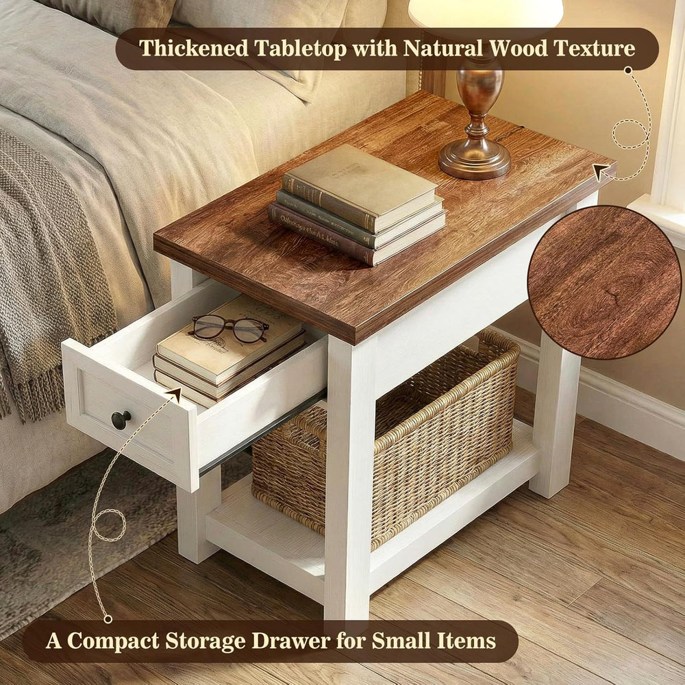 Narrow End Table with Charging Station - Farmhouse Side Table with Drawer, 14...