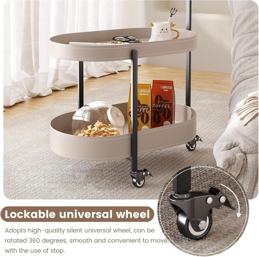 Oval End Table with Storage Shelves, 2-Tier PU Leather Tray Side Table with W...