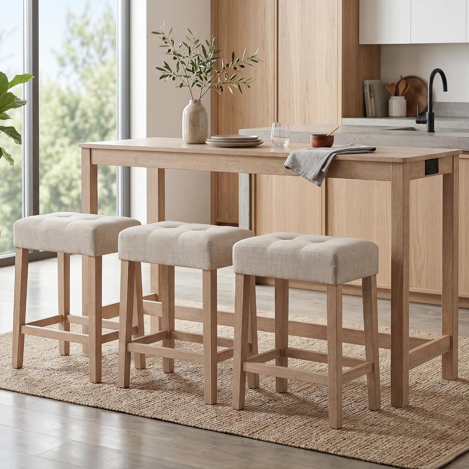 DUHOME 4 Piece Bar Table Set with Power Outlet，Dining Table Set | Industrial Breakfast Table with 3 Padded Stools Solid Wood Counter Height Bar Set for Living Room, Dining Room Natural