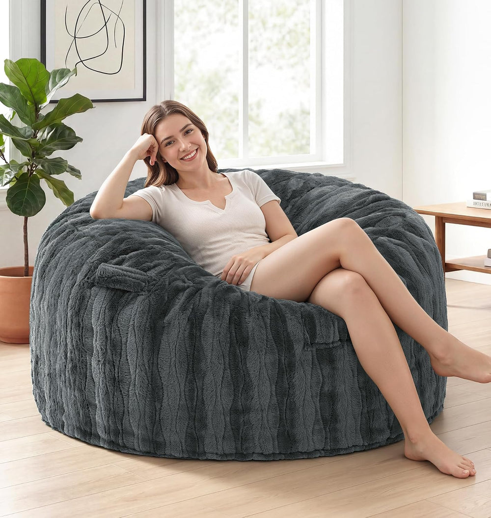 fond + found Adult Bean Bag Chairs 4FT Large Lounger, Wave Cover, Grey | Port...