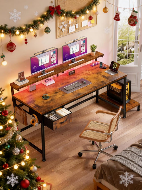 39.3Inch Office Desk with Power Outlet & Drawer, Gaming Desk with CPU Stand& LED Lights,Computer Desk with Ergonomic Monitor Stand for Small Space,Rustic Brown
