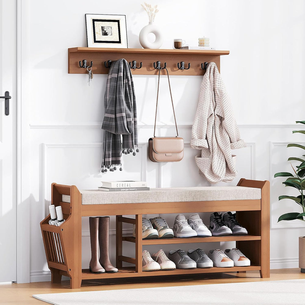 PETKABOO 39.4" Shoe Bench with Coat Rack Hidden Drawer and Side Holder, ...