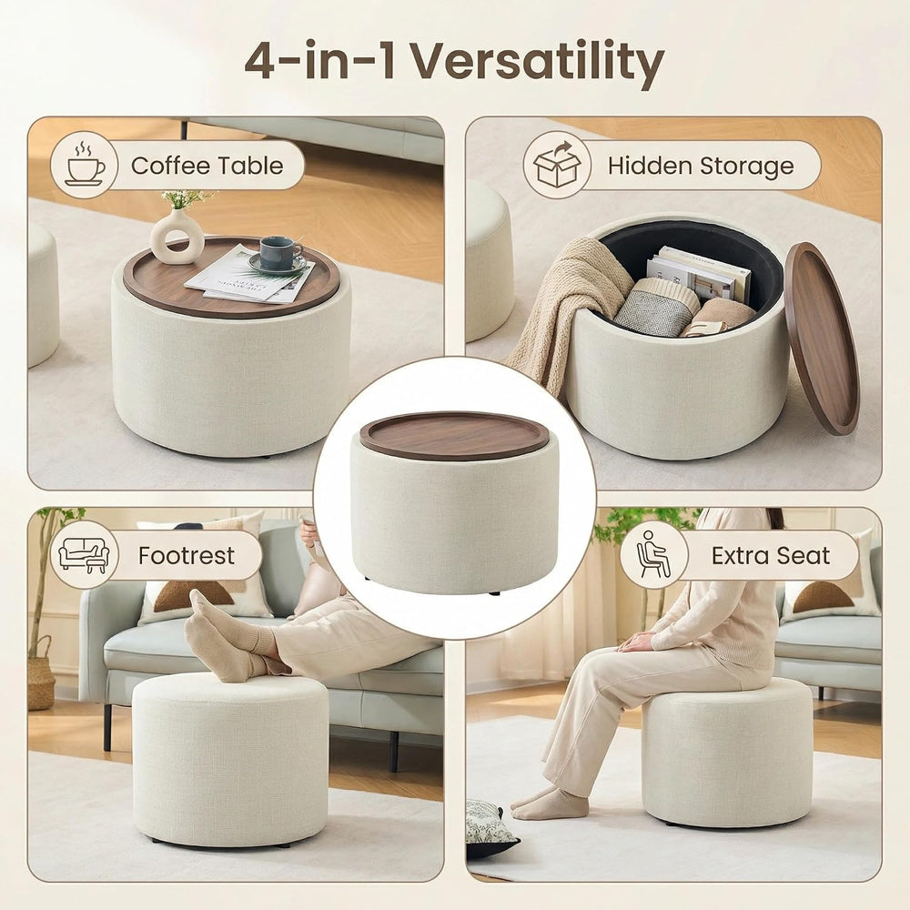 Nesting Storage Ottomans Set of 2, Round Coffee Table with Linen Upholstered ...