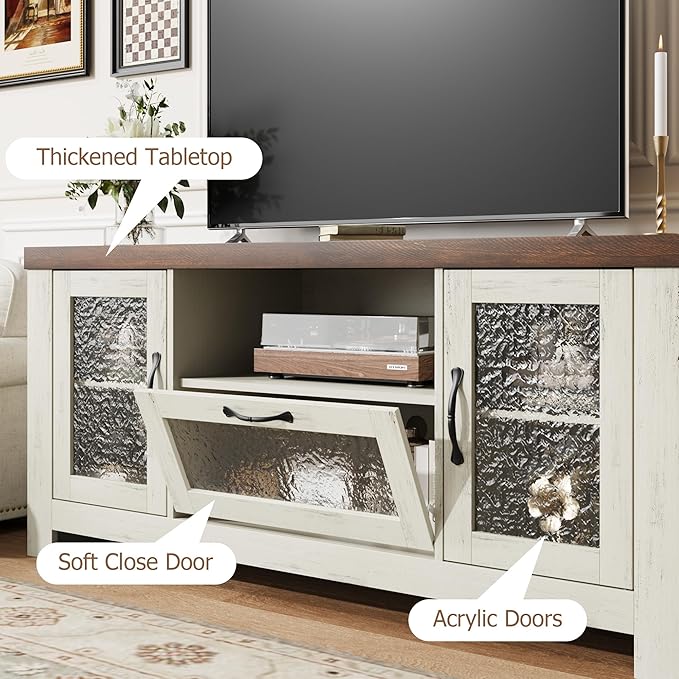 Garvee Farmhouse TV Stand for 55 Inch TV, Entertainment Center with Acrylic Door & Adjustable Shelves, Sideboard Buffet Storage Cabinet for Living Room Bedroom, White & Brown