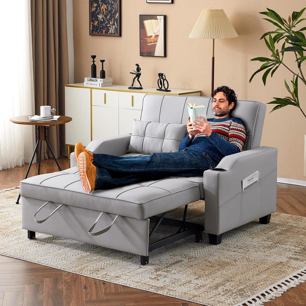 VINGLI Light Grey Futon Sofa Bed Convertible Loveseat Sleeper Couch, Faux Lea...