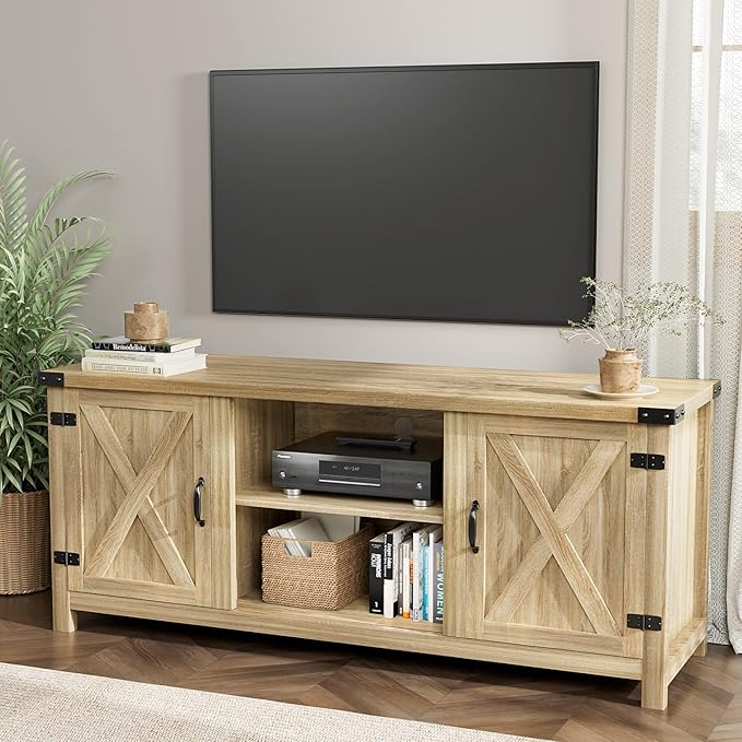 YESHOMY Modern Farmhouse TV Stand with Two Barn Doors and Storage Cabinets for Televisions up to 65+ Inch, Entertainment Center Console Table, Media Furniture for Living Room, 58 Inch, White Oak