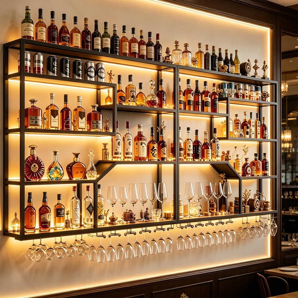 78.7IN Wall Wine Rack with LED, Industrial Iron & Walnut | Iron & wal...