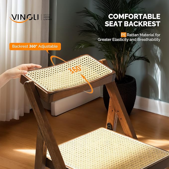 VINGLI 2 Pack Rattan Wooden Folding Chair, Dining Folding Chair with 360° Swivel Backrest, Sturdy Rubberwood Frame and Rattan Woven Seat and Back, Walnut, Set of 2