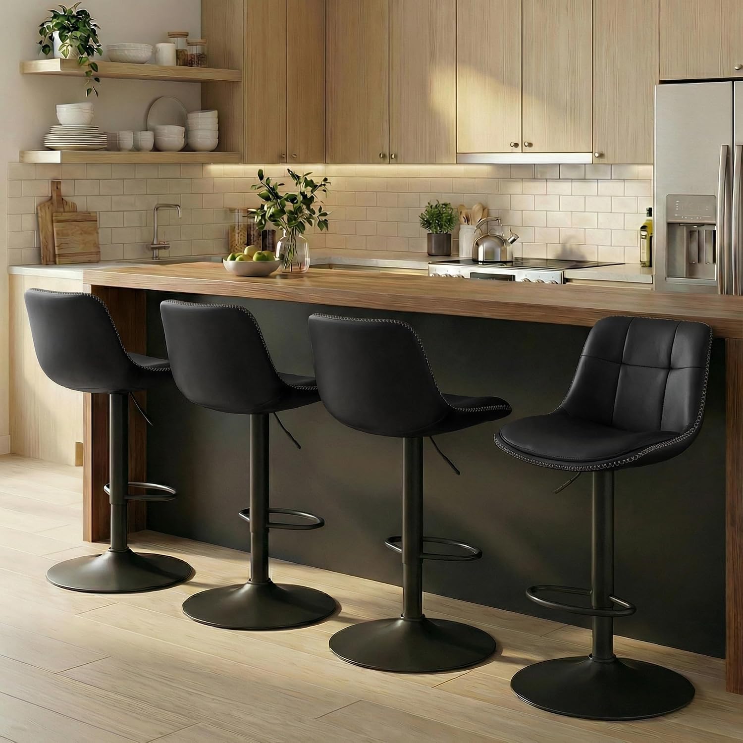VASAGLE Bar Stools, Set of 4 Swivel Bar Chairs, Adjustable Height, Quilt, Synthetic Leather Kitchen Stools with Back and Footrest, Dining Room, Counter, Steel, Ink Black ULJB095BH01-2J