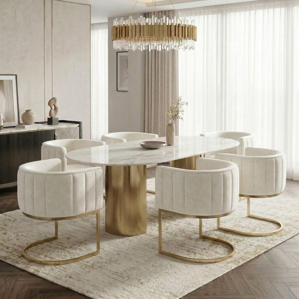 Hyfirm Beige and Gold Barrel Dining Room Chairs Set of 4, Modern Velvet Uphol...