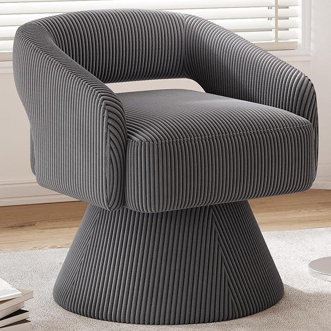 LINSY Swivel Barrel Chair, 360 Modern Swivel Accent Chair Boucle Swivel Chair Round Gray Corduroy Chairs with Arms, Small Barrel Chair for Small Spaces Bedroom Living Room