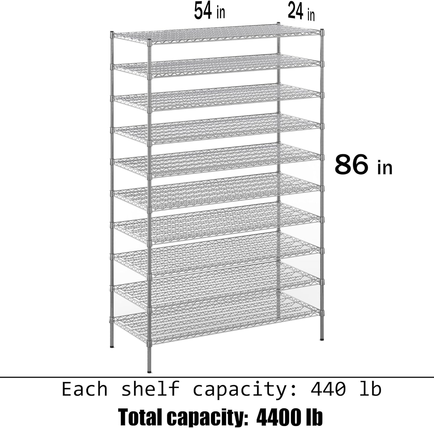 24" Deep x 54" Wide x 86" Height Wire Shelving Kit | 10-Tier | NSF Commercial Storage Rack Unit
