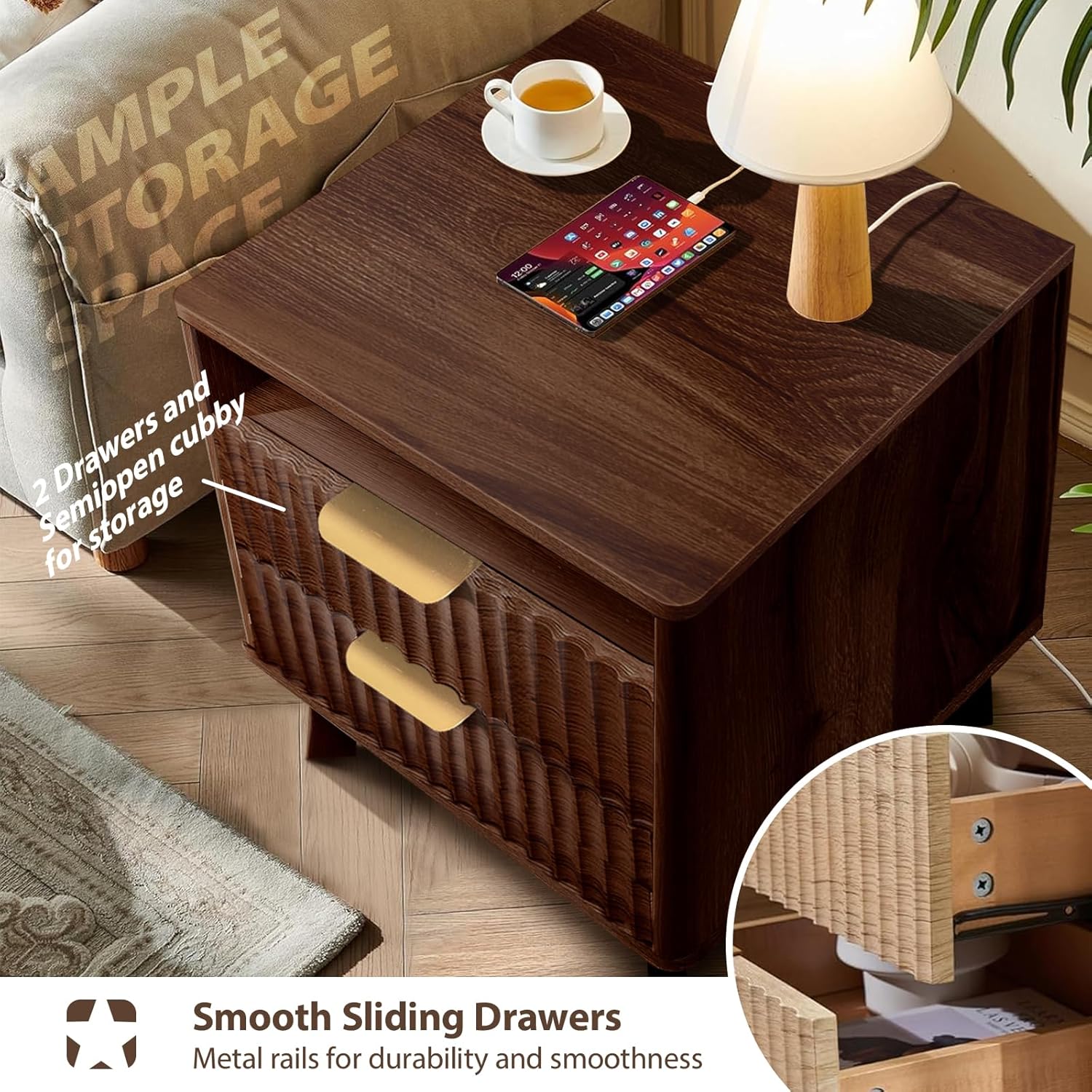 Fluted Nightstand - 24" Modern Bedside Table w/ 2 Drawers, Wood Bed Side End Table with Open Shelf, Night Stand with Storage Drawer, Curved Design Night Stands for Bedroom Living Room (Walnut)