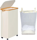 efluky Slim Laundry Hamper with Wheels, Narrow Laundry Basket with Lid and Removable Bag, Aesthetic Dirty Clothes Hamper on Wheels for Laundry Room, Bedroom, Dorm and Bathroom, 75L Beige