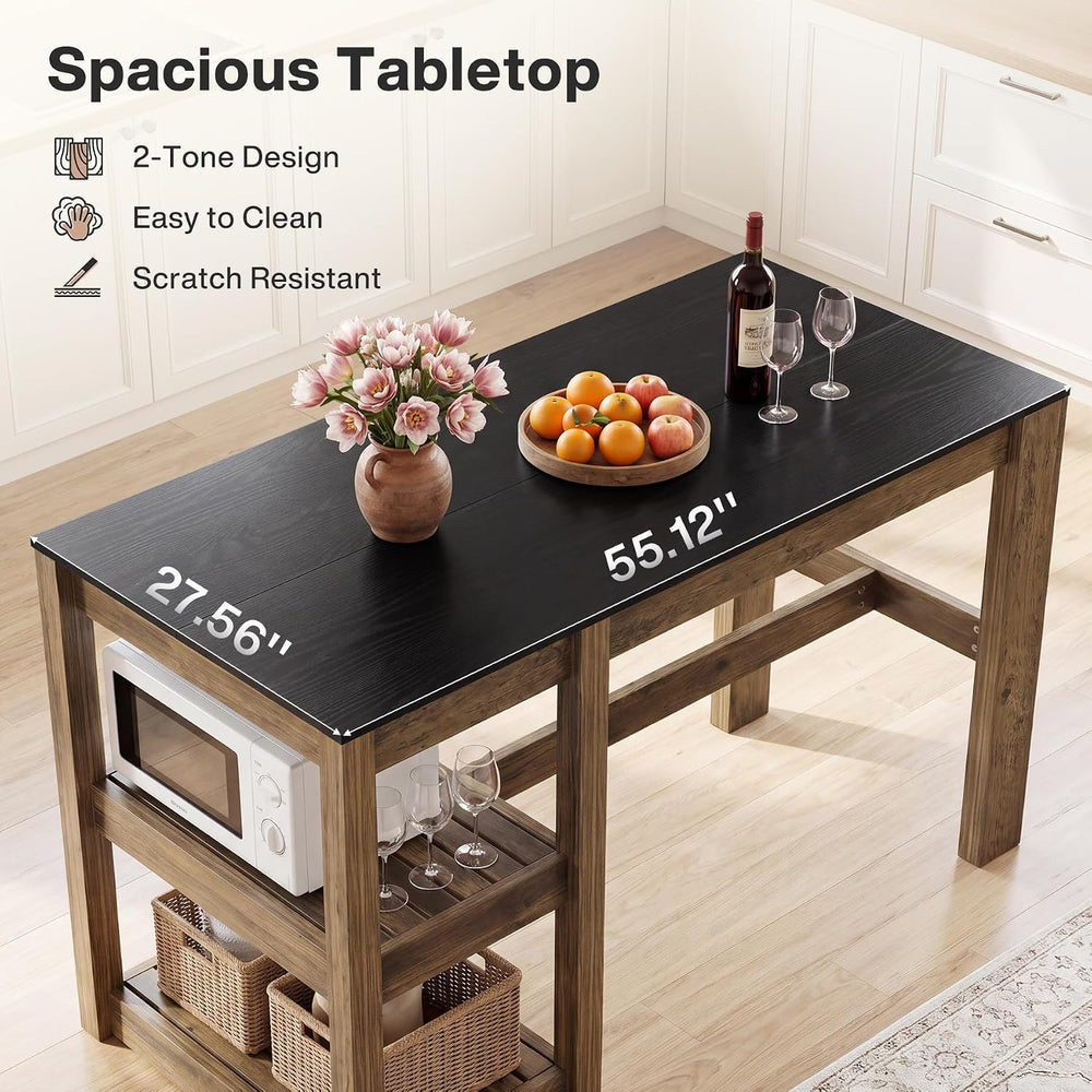 Tribesigns 55" Kitchen Island with Storage Shelves, Rustic Brown and Bla...