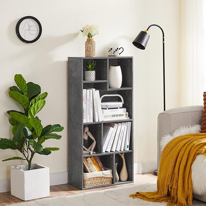 VECELO 42" Contemporary Bookshelf, 7 Cube Organizer Bookcase,Fits Tallest Hardcovers, Horizontal Available,Floor Standing Display,Easy Assembly, Modern Gray