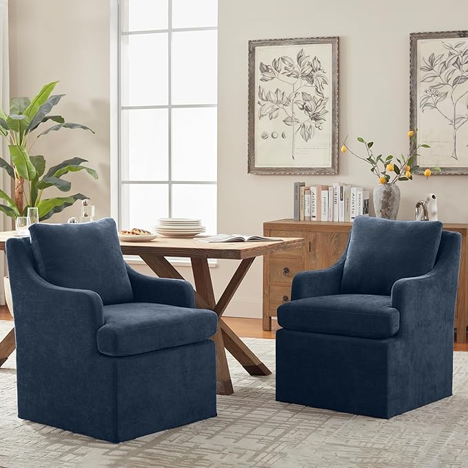 VKNOW Upholstered Dining Chairs, Modern Kitchen Chairs Dinner Chairs with 4 Casters, Chenille Armchair for Bedroom Reading Room Living Room, Blue