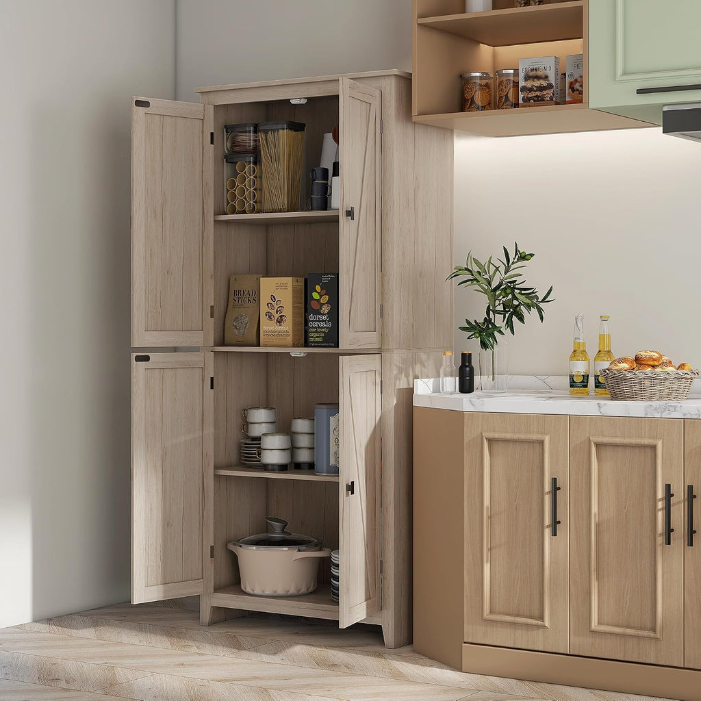 31.5" D*15.75" W*71.75" H Natural Wood Kitchen Pantry with 2 Shelves, 2 Double Doors, Farmhouse Rectangular Storage Cabinet, for Living Room, Dining Room