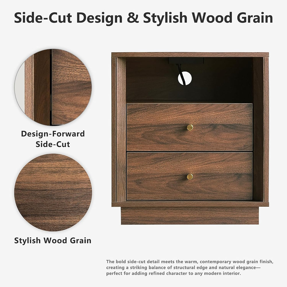 FORTUNETEC 19.6" Nightstand with Charging Station, Dark Walnut