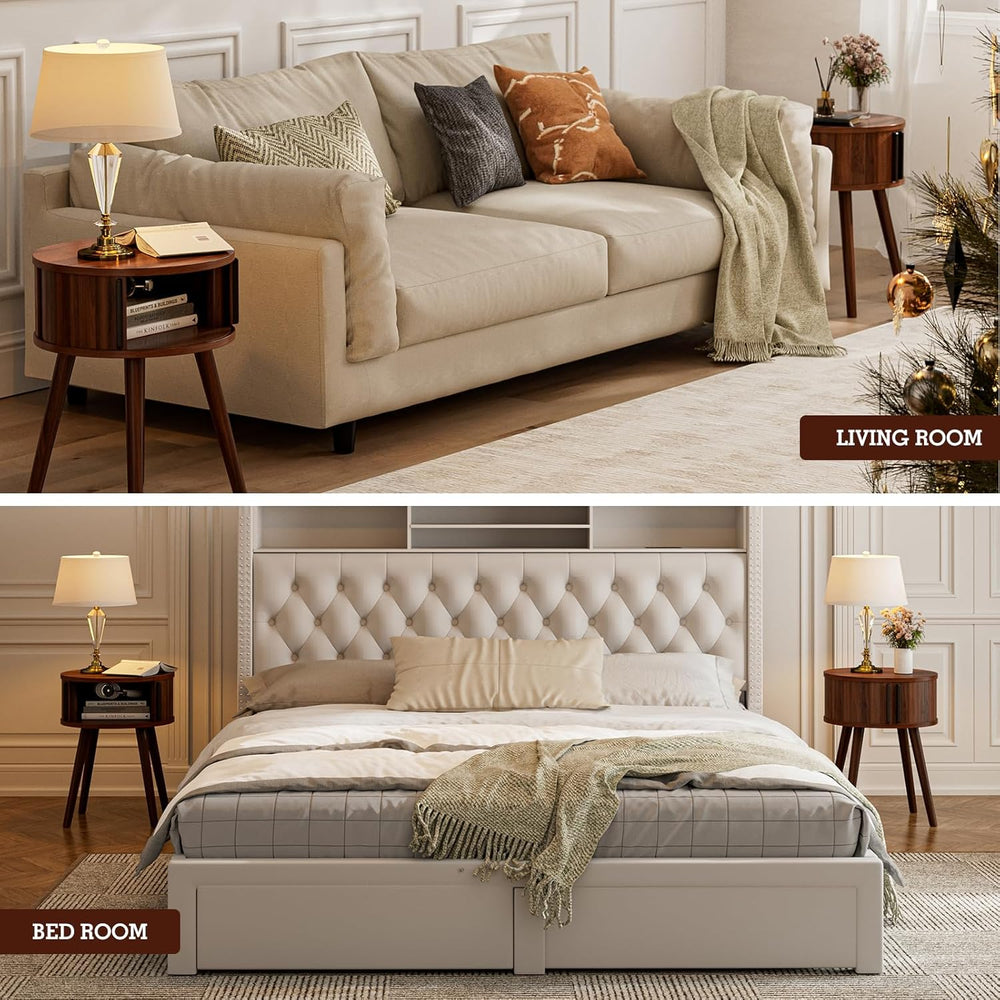 ZttRiee Side Table with Sliding Door & Cabinet, End Table for Living Room...