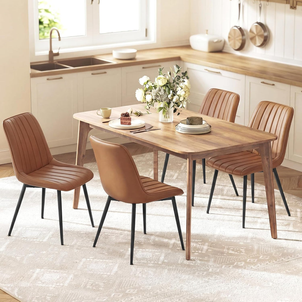 VASAGLE Dining Chairs Set of 4, Upholstered Kitchen Chairs, Synthetic Leather, Max. Load 264 lb, Steel Legs, Curved Backrest, for Dining Room, Caramel Brown and Ink Black ULDC090KN03-2J