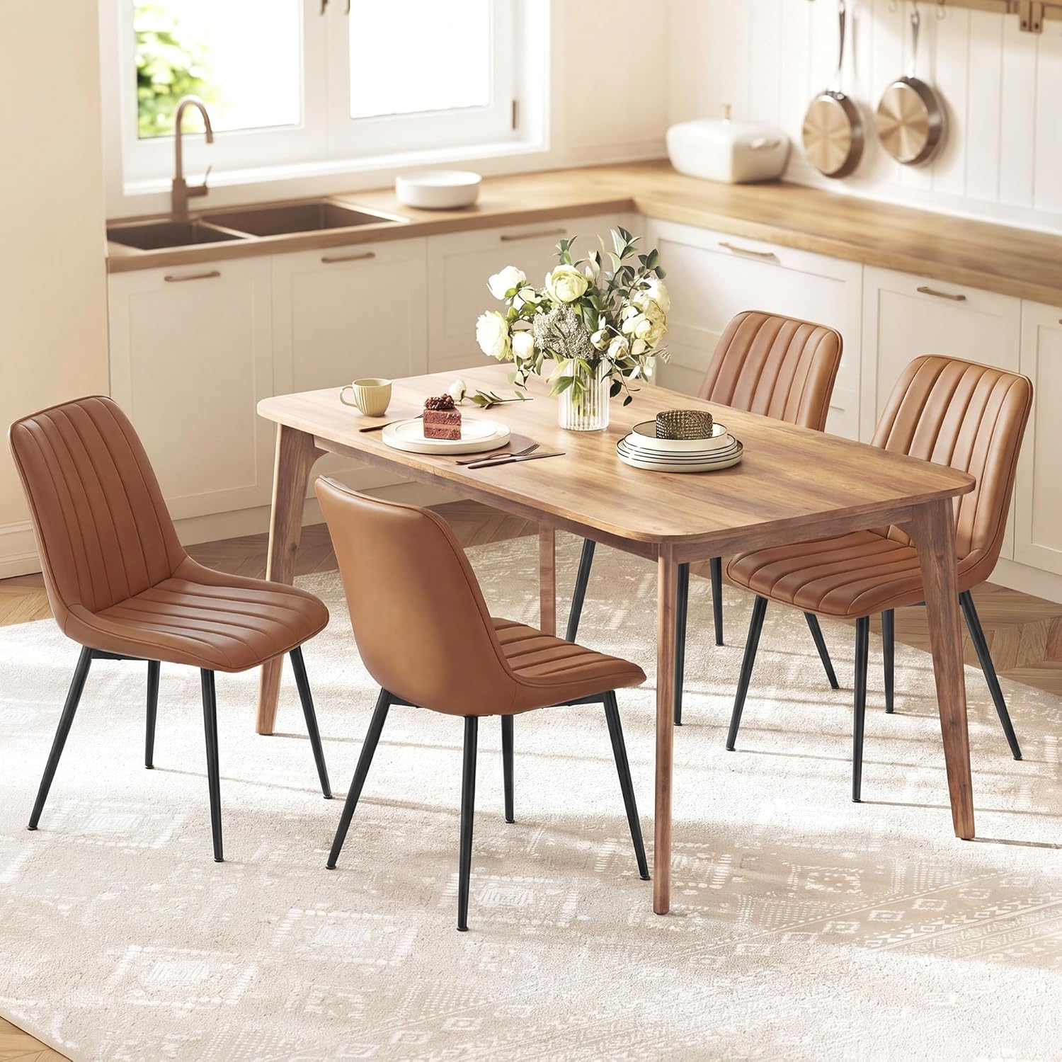 VASAGLE Dining Chairs Set of 4, Upholstered Kitchen Chairs, Synthetic Leather, Max. Load 264 lb, Steel Legs, Curved Backrest, for Dining Room, Caramel Brown and Ink Black ULDC090KN03-2J