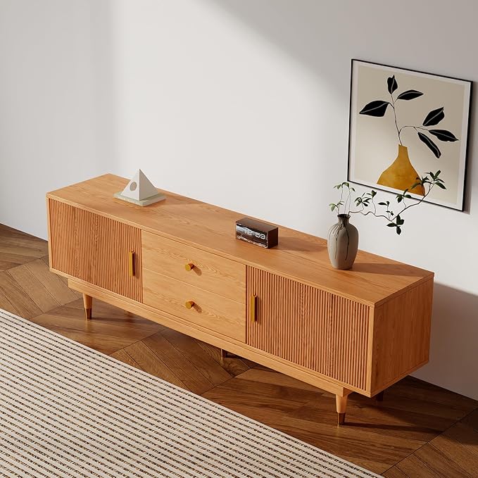 Mid Century Modern TV Stand for 80 inch TV, 70.9" Wood TV Console with 2 Storage Cabinet & 2 Drawers, Entertainment Center, Media Console for Living Room/Bedroom