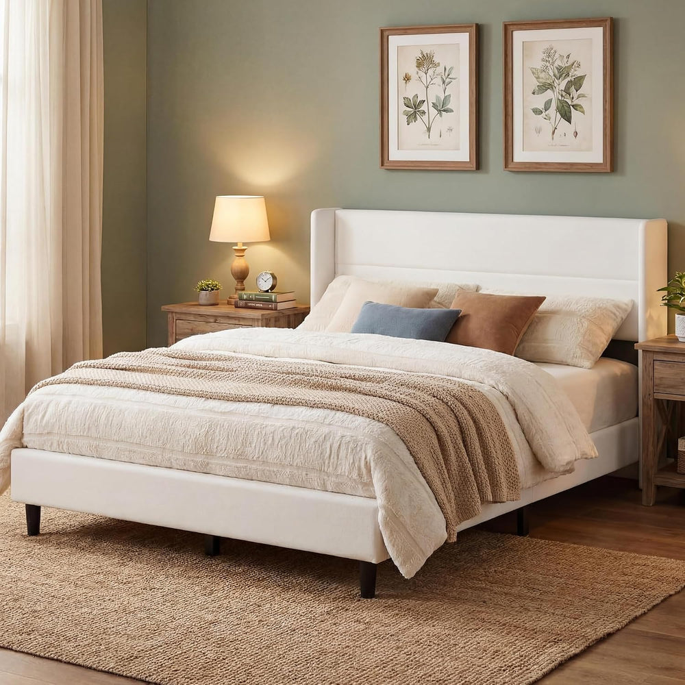 IDEALHOUSE Queen Size Bed Frame, Velvet Bed with Wingback Headboard, White