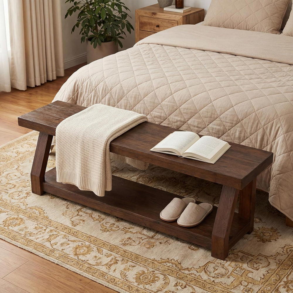 63" Solid Wood Bench, 2-Tier Entryway Bench with Shoe Storage, Rustic Ha...