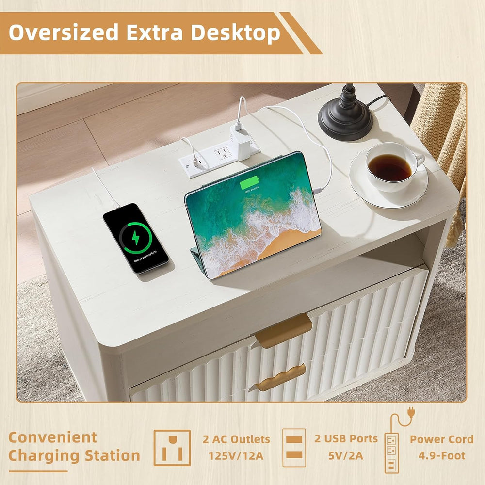 LEYAOYAO 31" Wide Fluted Nightstand Set of 2 with Charging Station, Over...