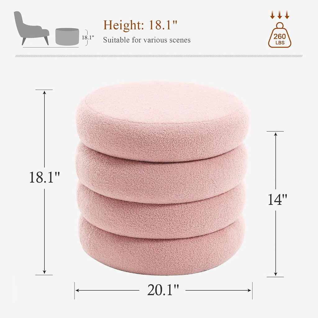 20.1 Inch Round Storage Ottoman, Modern Sherpa Ottoman Coffee Table with Removable Top, Pink Vanity Stool with Storage for Bedroom, Living Room, Dorm, Set of 1