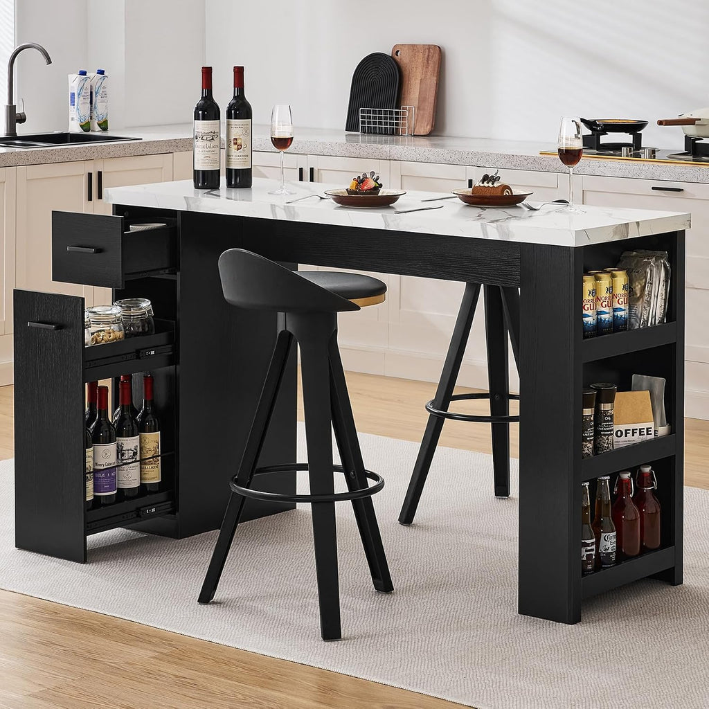 Kitchen Island Table, 59-Inch Modern Counter Height Dining Table | kitchen table w/Pull-Basket Drawer, 3-Tier Shelves,1.5"Thick Marble Tabletop, Bar Table for Dining Living Room Balcony Bistro