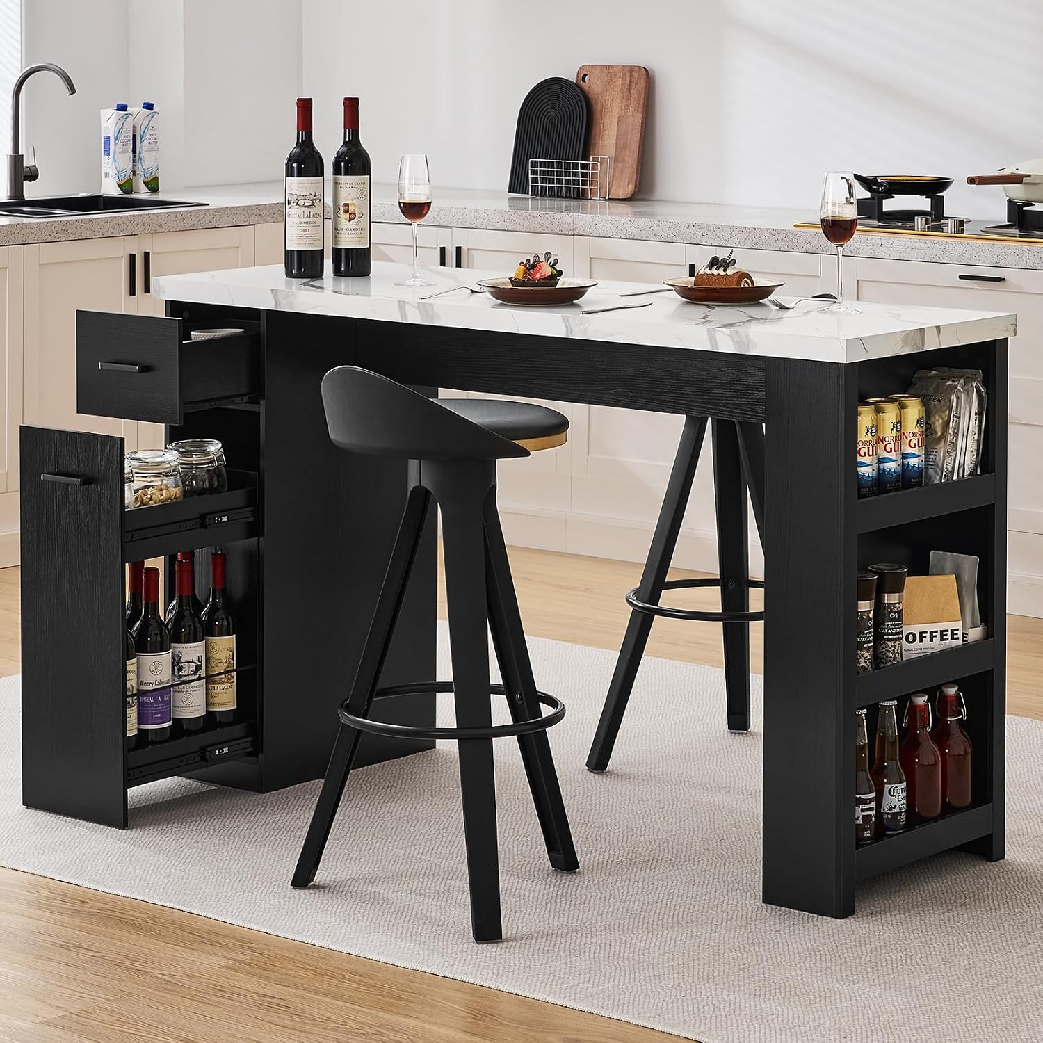 Kitchen Island Table, 59-Inch Modern Counter Height Dining Table | kitchen table w/Pull-Basket Drawer, 3-Tier Shelves,1.5"Thick Marble Tabletop, Bar Table for Dining Living Room Balcony Bistro