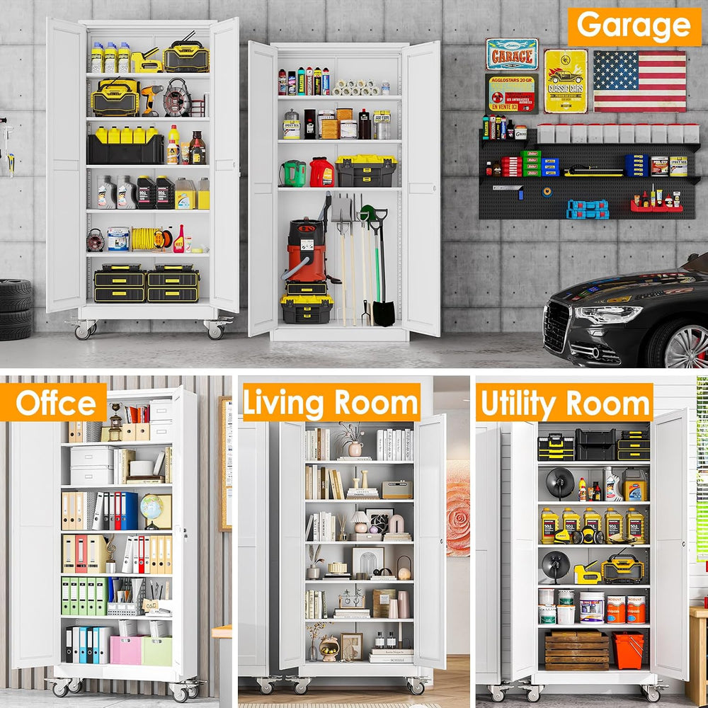 PAOFIN 75''H Metal Garage Storage Cabinet with Wheels,Steel File Cabi...